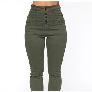 Fashion Nova Womens Slim Utility Jeans Olive Green Pockets Denim Size 3, 5